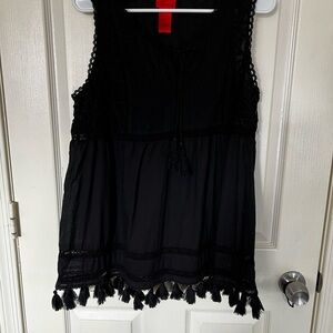 Christina Vintage Black Sleeveless Blouse with Tassel Detail 100% Cotton